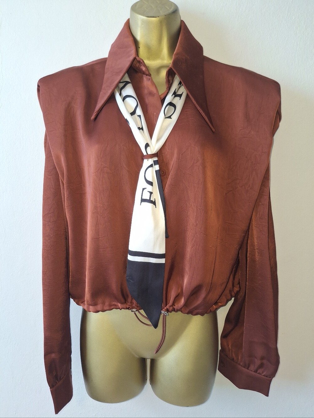 Women's Rust Satin Cropped Button-Down Shirt